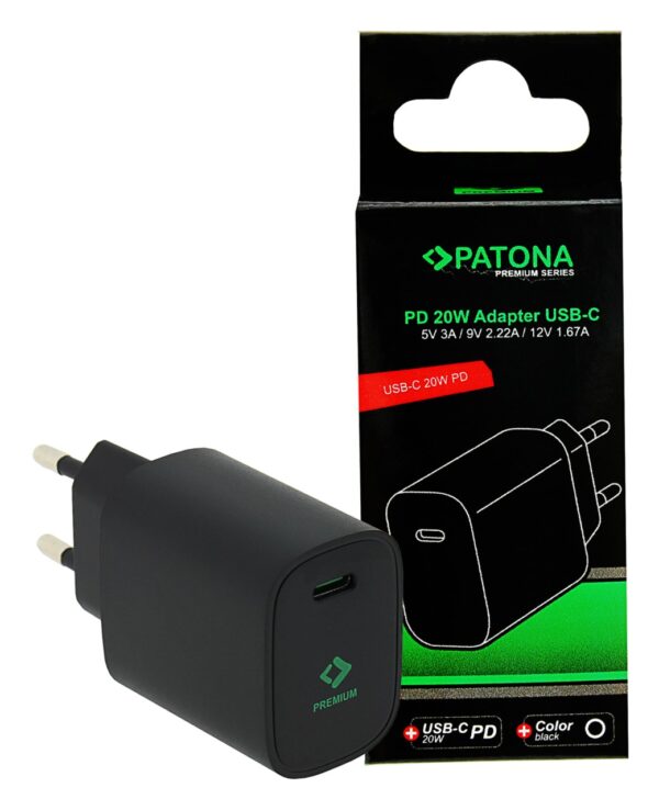 Premium PD20W Adapter 5V/3A 9V/2.22A 12V/1.67A USB-C PD3.0 QC3.0 black